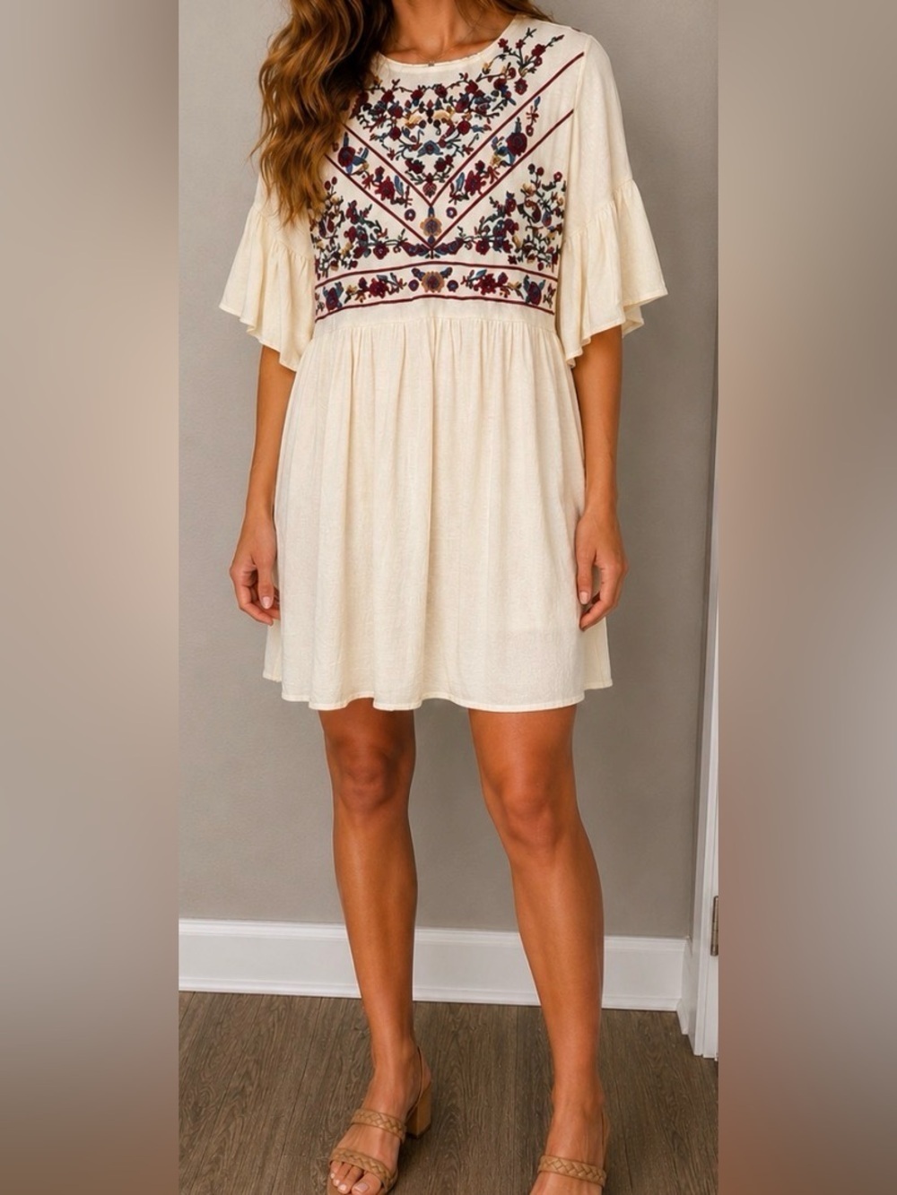 Umgee Embroidered Dress Cream Boho Cottagecore Gauze Flowy Mini Embroidery Midi - Picture 1 of 10